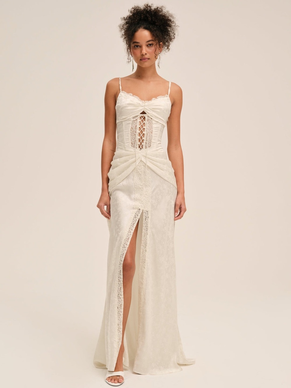 $729 NWT For Love And Lemons “Ophelia” Lace-Up Maxi Gown in Ivory Sz 0